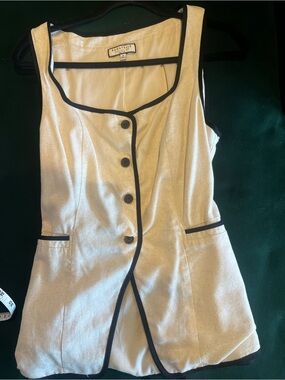 Bagatelle cream linen blend vest with Black Trim and tie back